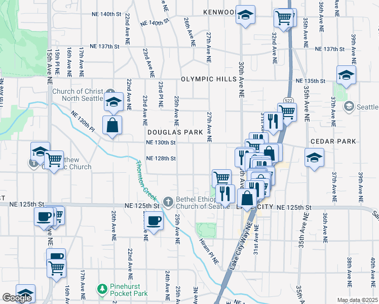 map of restaurants, bars, coffee shops, grocery stores, and more near 12743 26th Avenue Northeast in Seattle