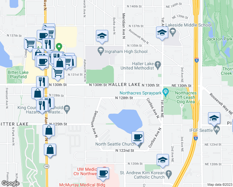 map of restaurants, bars, coffee shops, grocery stores, and more near 1746 North 128th Street in Seattle