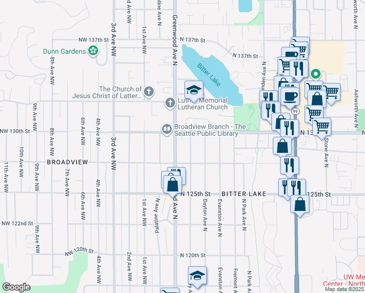map of restaurants, bars, coffee shops, grocery stores, and more near 12726 Greenwood Avenue North in Seattle