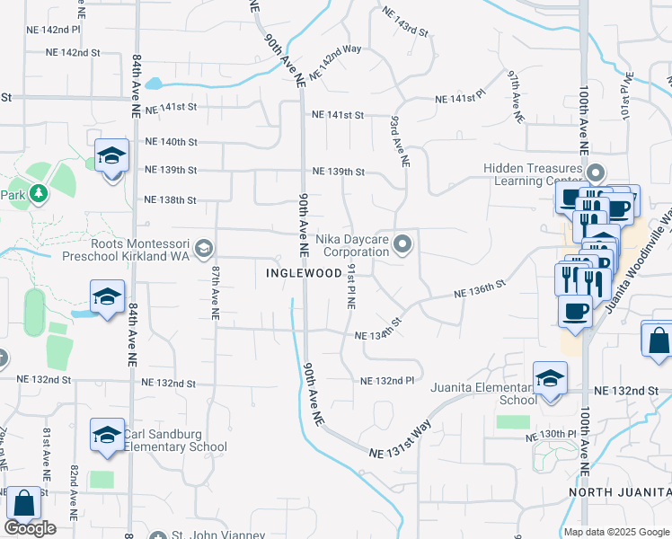 map of restaurants, bars, coffee shops, grocery stores, and more near 9036 Northeast 136th Street in Kirkland