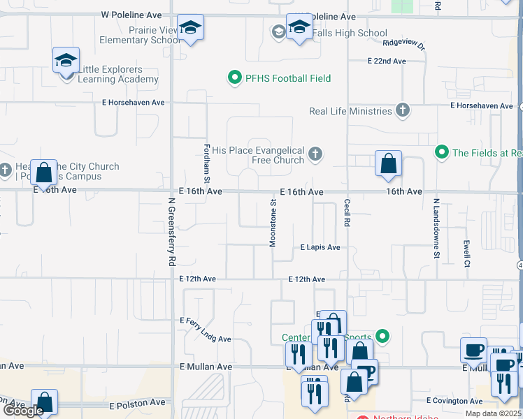 map of restaurants, bars, coffee shops, grocery stores, and more near 1513 North Moonstone Street in Post Falls