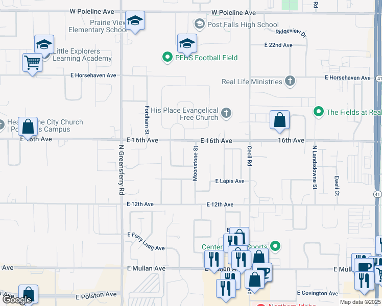 map of restaurants, bars, coffee shops, grocery stores, and more near 1513 North Moonstone Street in Post Falls