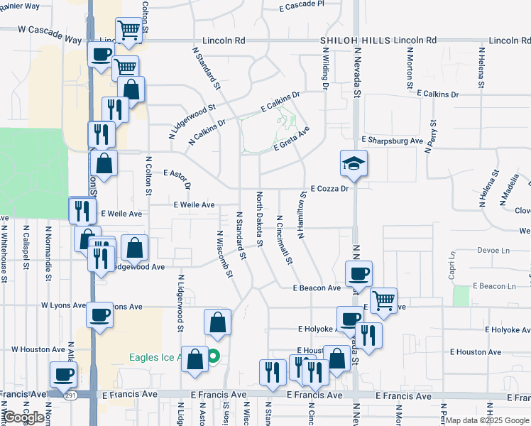 map of restaurants, bars, coffee shops, grocery stores, and more near 7108 North Dakota Street in Spokane