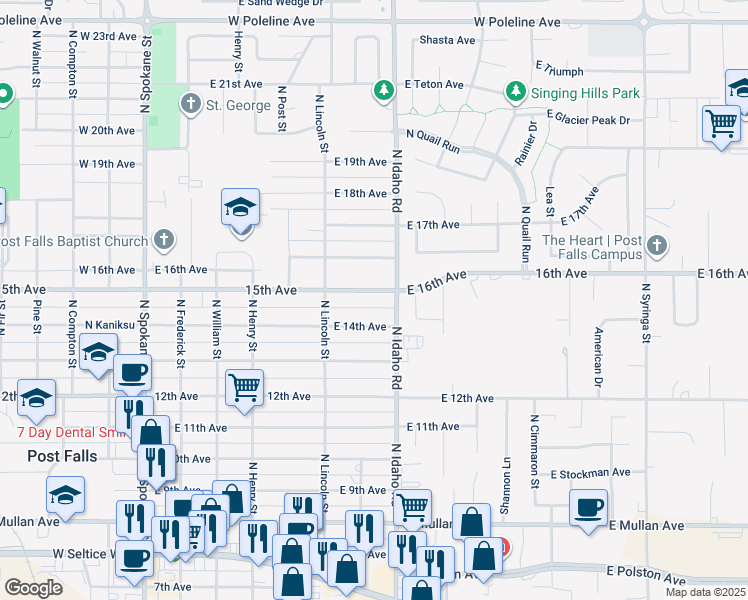 map of restaurants, bars, coffee shops, grocery stores, and more near 710 East 15th Avenue in Post Falls