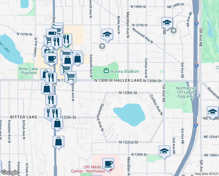 map of restaurants, bars, coffee shops, grocery stores, and more near 1712 North 128th Street in Seattle