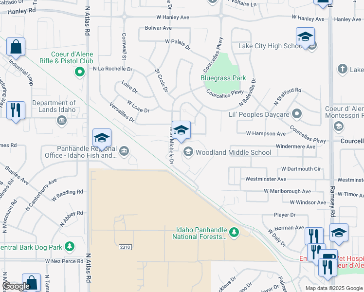 map of restaurants, bars, coffee shops, grocery stores, and more near 2101 Saint Michelle Drive in Coeur d'Alene