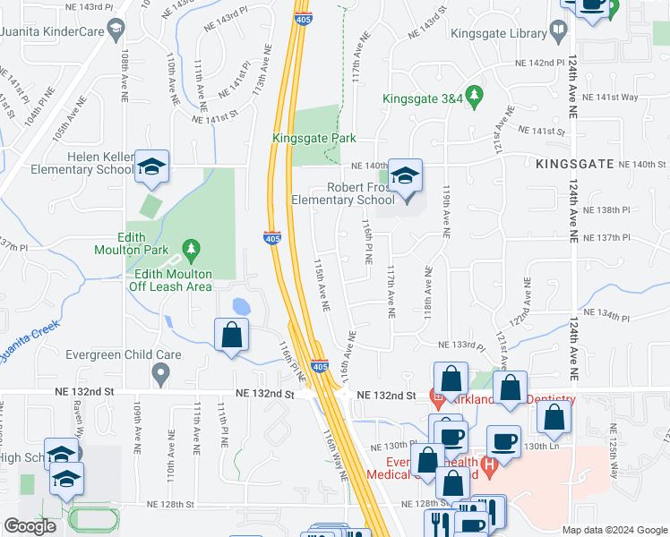 map of restaurants, bars, coffee shops, grocery stores, and more near 13615 116th Avenue Northeast in Kirkland