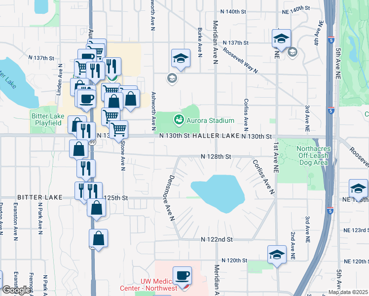 map of restaurants, bars, coffee shops, grocery stores, and more near 1712 North 128th Street in Seattle