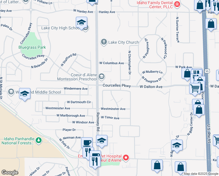 map of restaurants, bars, coffee shops, grocery stores, and more near 1485 West Ocean Avenue in Coeur d'Alene