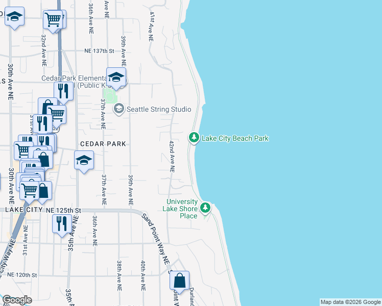 map of restaurants, bars, coffee shops, grocery stores, and more near 12748 Riviera Place Northeast in Seattle