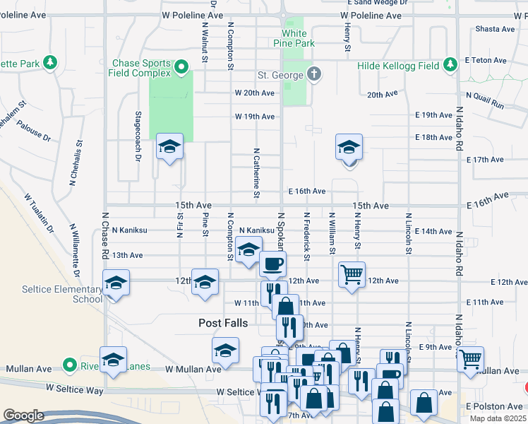 map of restaurants, bars, coffee shops, grocery stores, and more near 107 West 15th Avenue in Post Falls