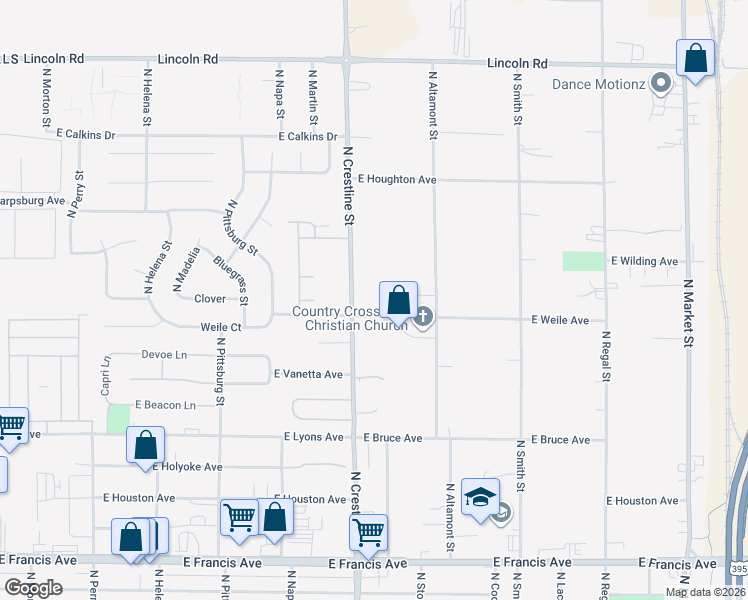 map of restaurants, bars, coffee shops, grocery stores, and more near 7112 North Crestline Street in Spokane