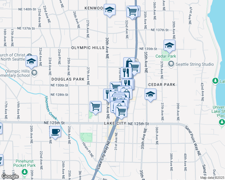 map of restaurants, bars, coffee shops, grocery stores, and more near 3025 Northeast 130th Street in Seattle