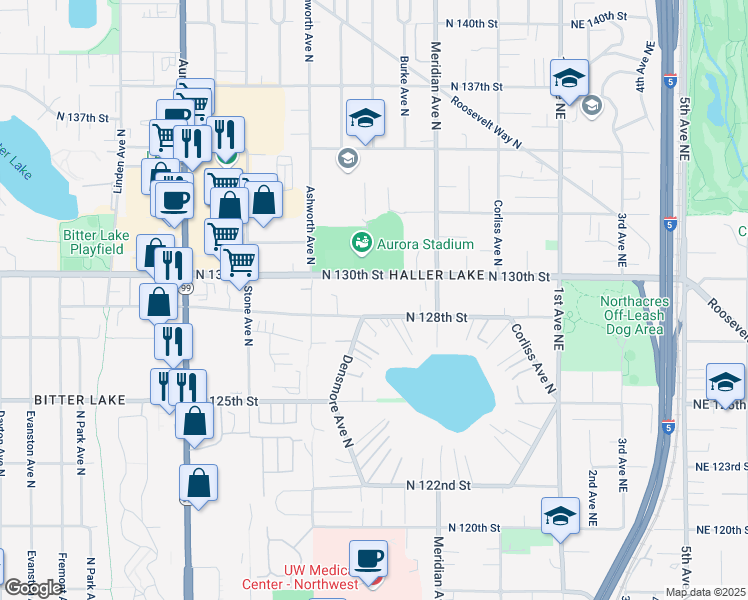 map of restaurants, bars, coffee shops, grocery stores, and more near 1712 North 128th Street in Seattle