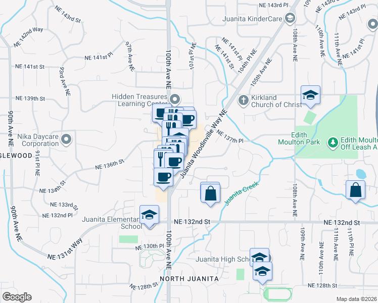 map of restaurants, bars, coffee shops, grocery stores, and more near 13530 Juanita Woodinville Way Northeast in Kirkland