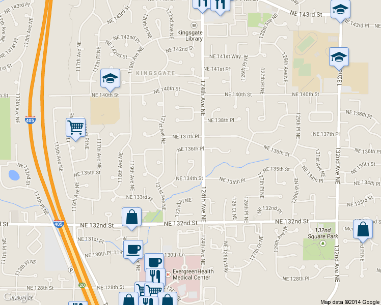 map of restaurants, bars, coffee shops, grocery stores, and more near 12227 NE 136th Pl in Kirkland
