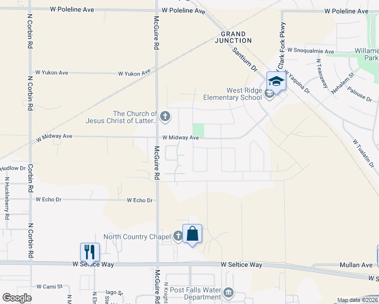 map of restaurants, bars, coffee shops, grocery stores, and more near 1509 North Chetco Drive in Post Falls
