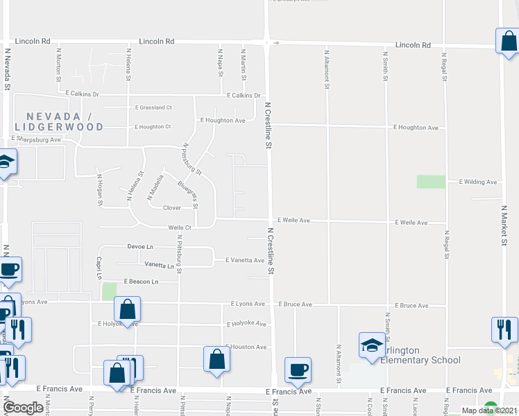 map of restaurants, bars, coffee shops, grocery stores, and more near 7119 North Crestline Street in Spokane