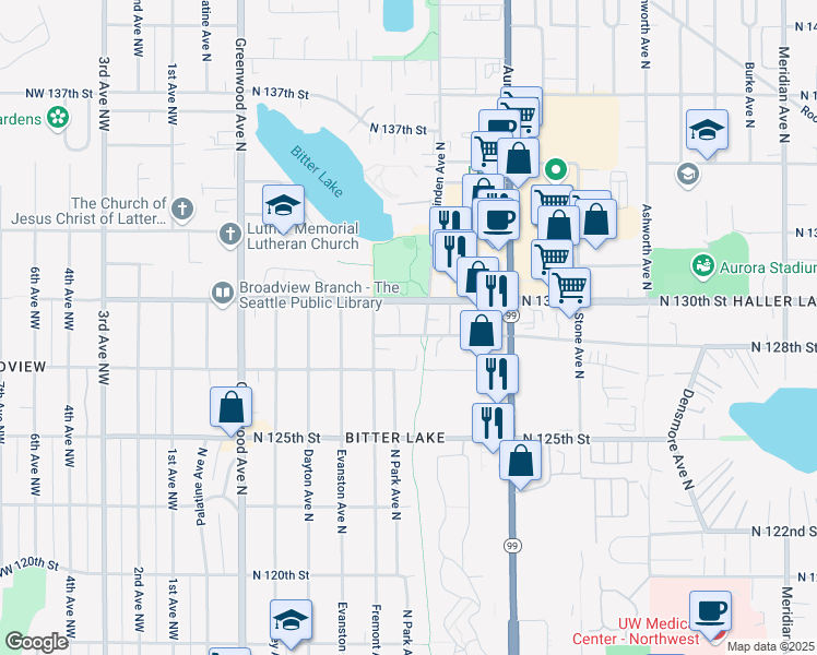 map of restaurants, bars, coffee shops, grocery stores, and more near 12806 North Park Avenue North in Seattle