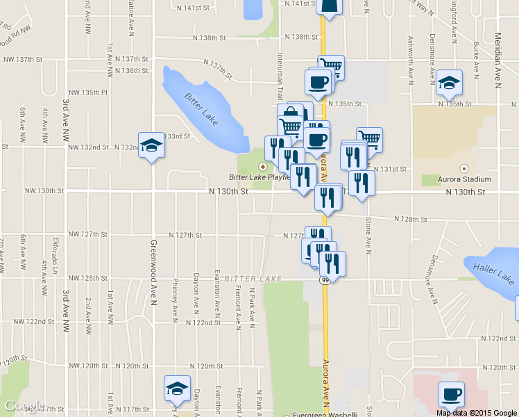 map of restaurants, bars, coffee shops, grocery stores, and more near 12806 North Park Avenue North in Seattle