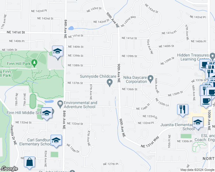 map of restaurants, bars, coffee shops, grocery stores, and more near 8817 Northeast 137th Street in Kirkland