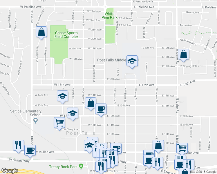 map of restaurants, bars, coffee shops, grocery stores, and more near 104 East 15th Avenue in Post Falls