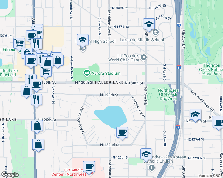 map of restaurants, bars, coffee shops, grocery stores, and more near 12826 Meridian Avenue North in Seattle