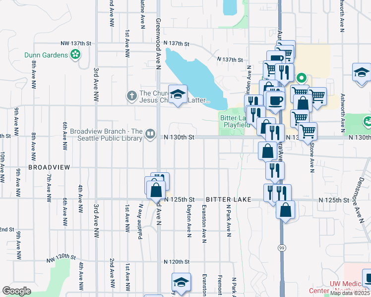map of restaurants, bars, coffee shops, grocery stores, and more near 12739 Dayton Avenue North in Seattle