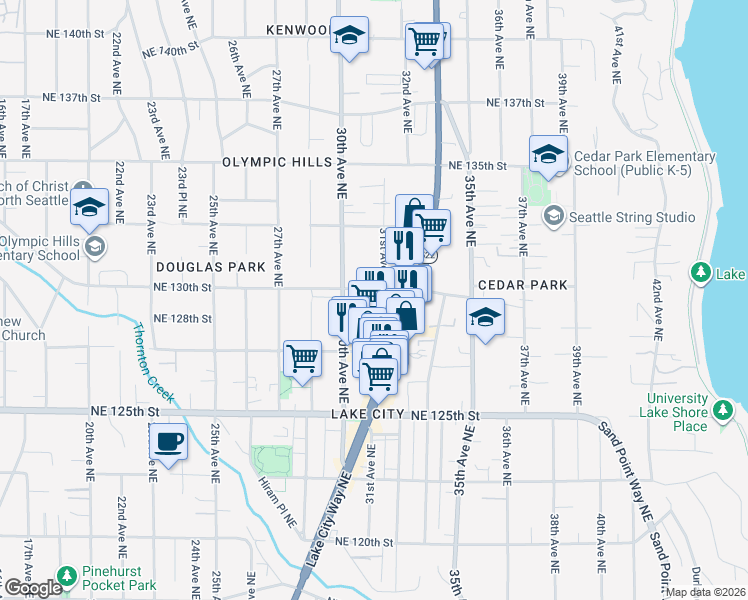 map of restaurants, bars, coffee shops, grocery stores, and more near 3025 Northeast 130th Street in Seattle