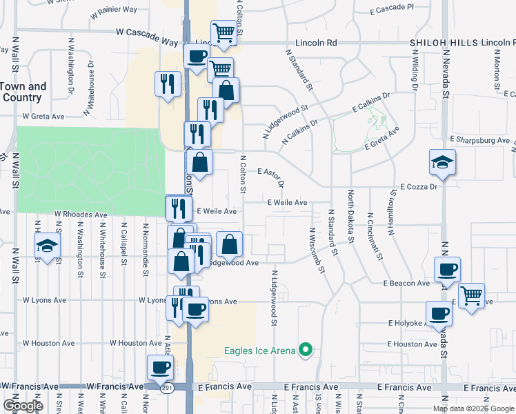 map of restaurants, bars, coffee shops, grocery stores, and more near 202 East Weile Avenue in Spokane