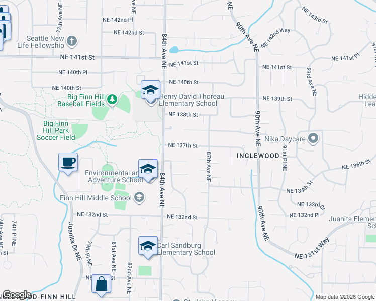 map of restaurants, bars, coffee shops, grocery stores, and more near 8443 Northeast 137th Street in Kirkland