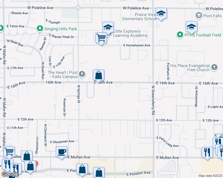 map of restaurants, bars, coffee shops, grocery stores, and more near 1734 East 16th Avenue in Post Falls