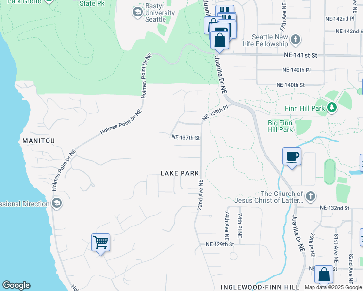 map of restaurants, bars, coffee shops, grocery stores, and more near 7127 NE 136th St in Kirkland