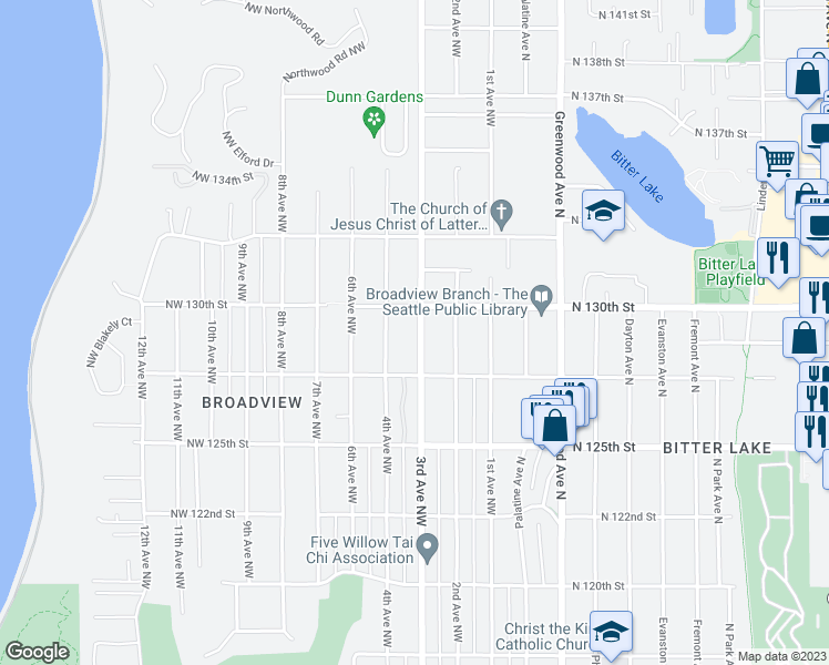 map of restaurants, bars, coffee shops, grocery stores, and more near 12743 3rd Avenue Northwest in Seattle