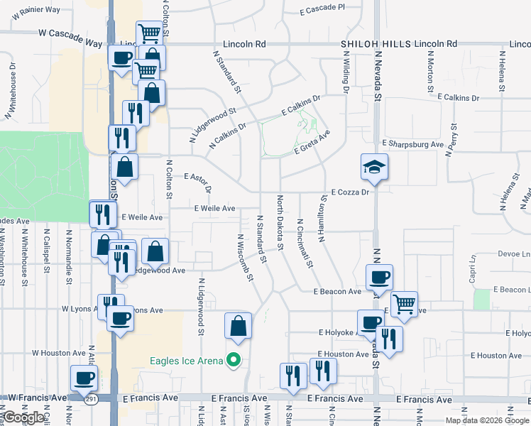 map of restaurants, bars, coffee shops, grocery stores, and more near 7112 North Standard Street in Spokane