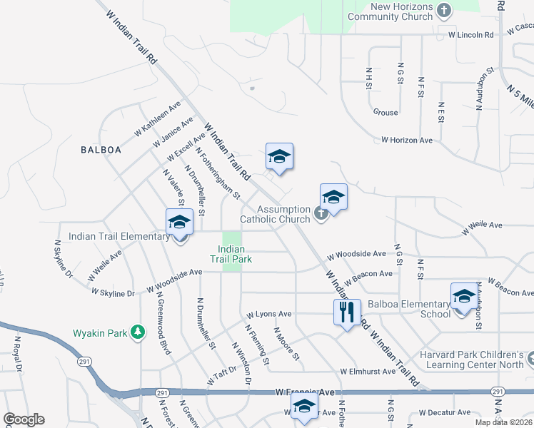 map of restaurants, bars, coffee shops, grocery stores, and more near 7118 North Fotheringham Street in Spokane