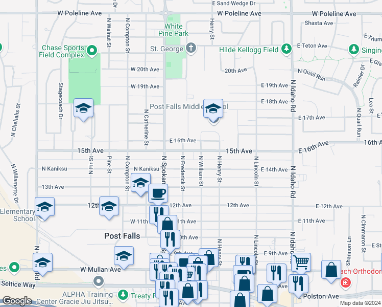 map of restaurants, bars, coffee shops, grocery stores, and more near 204 East 15th Avenue in Post Falls