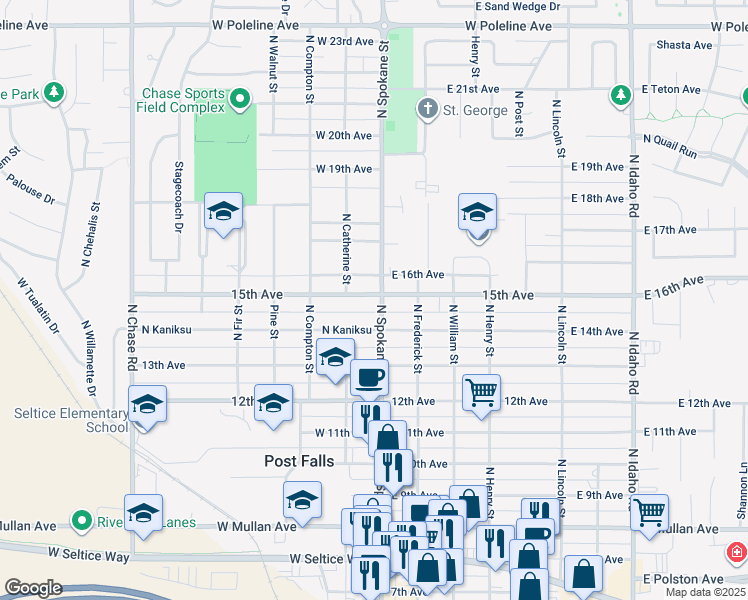 map of restaurants, bars, coffee shops, grocery stores, and more near 107 West 15th Avenue in Post Falls