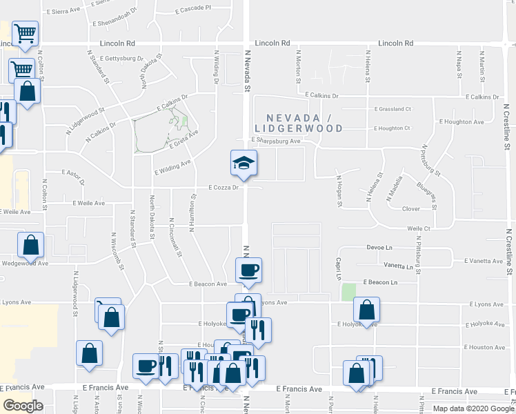 map of restaurants, bars, coffee shops, grocery stores, and more near 1030 East Cozza Drive in Spokane