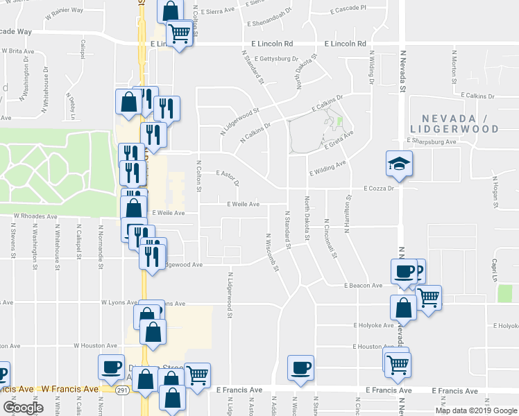 map of restaurants, bars, coffee shops, grocery stores, and more near 7106 North Wiscomb Street in Spokane