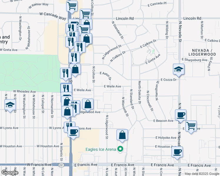 map of restaurants, bars, coffee shops, grocery stores, and more near 212 East Weile Avenue in Spokane