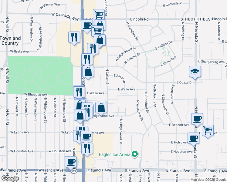 map of restaurants, bars, coffee shops, grocery stores, and more near 202 East Weile Avenue in Spokane