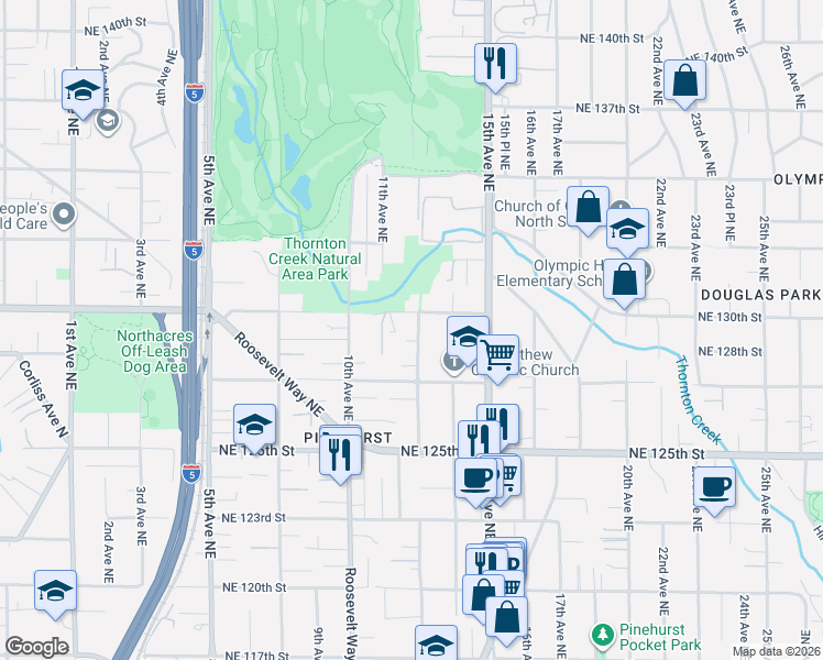 map of restaurants, bars, coffee shops, grocery stores, and more near 1105B Northeast 130th Street in Seattle