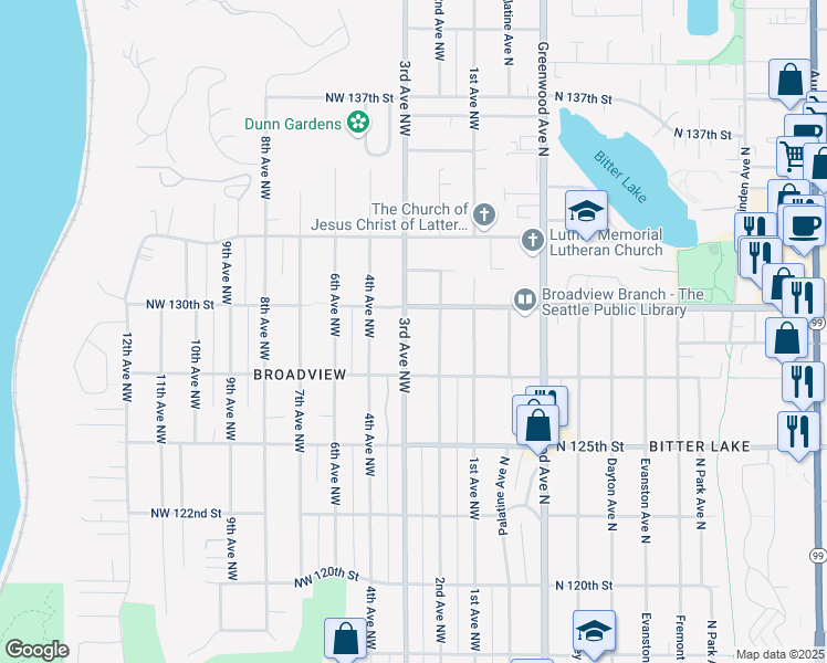 map of restaurants, bars, coffee shops, grocery stores, and more near 12743 3rd Avenue Northwest in Seattle