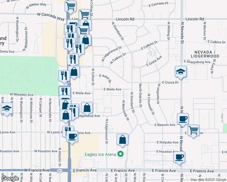 map of restaurants, bars, coffee shops, grocery stores, and more near 212 East Weile Avenue in Spokane