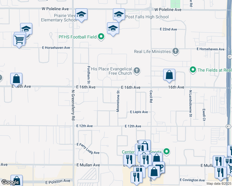 map of restaurants, bars, coffee shops, grocery stores, and more near 1533 North Moonstone Street in Post Falls