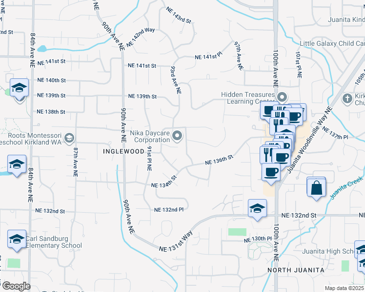 map of restaurants, bars, coffee shops, grocery stores, and more near 9236 Northeast 136th Place in Kirkland