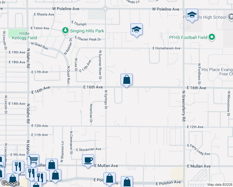 map of restaurants, bars, coffee shops, grocery stores, and more near 1621 East Velora Drive in Post Falls