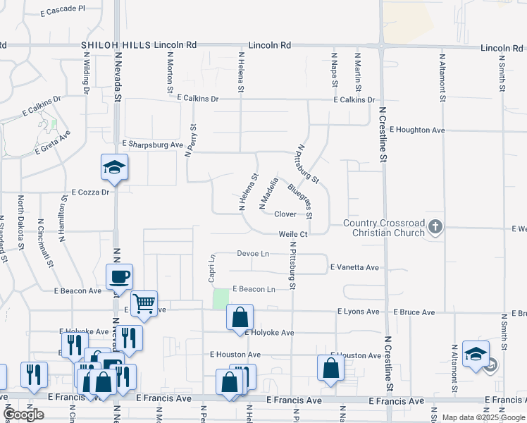 map of restaurants, bars, coffee shops, grocery stores, and more near 1407 Clover Avenue in Spokane