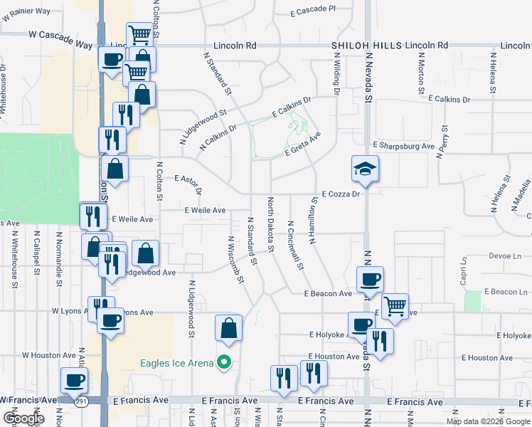 map of restaurants, bars, coffee shops, grocery stores, and more near 7112 North Standard Street in Spokane